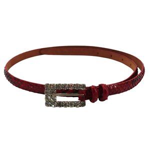 Claudio Orciani Women 80cm Red Genuine Snake Skin Rhinestone Buckle Skinny Belt